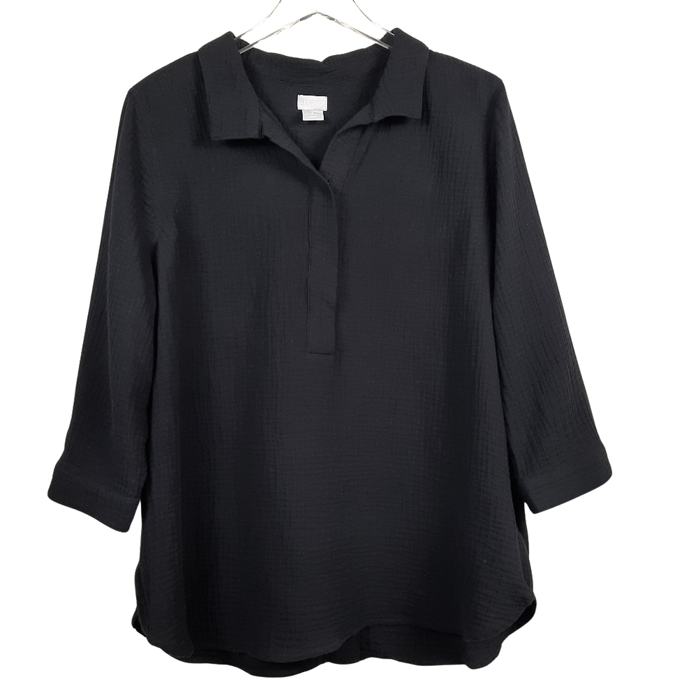 Chicos Black 100% Cotton Oversized Gauzy Shirt Size Large